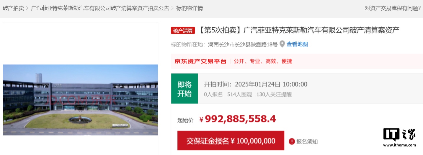 21點：廣汽菲尅長沙工廠第 5 次拍賣：起拍價降至 9.92 億元接近腰斬，前 4 次均因無人報名而流拍